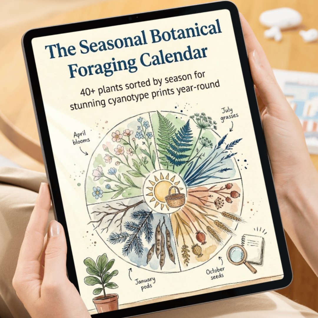 Bonus 3 preview on a tablet: The Seasonal Botanical Foraging Calendar showing plants sorted by month