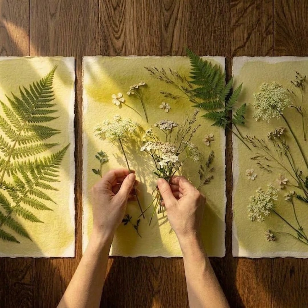 Module 3: Hands arranging Queen Anne's lace, wildflowers, and ferns on three coated sheets of paper
