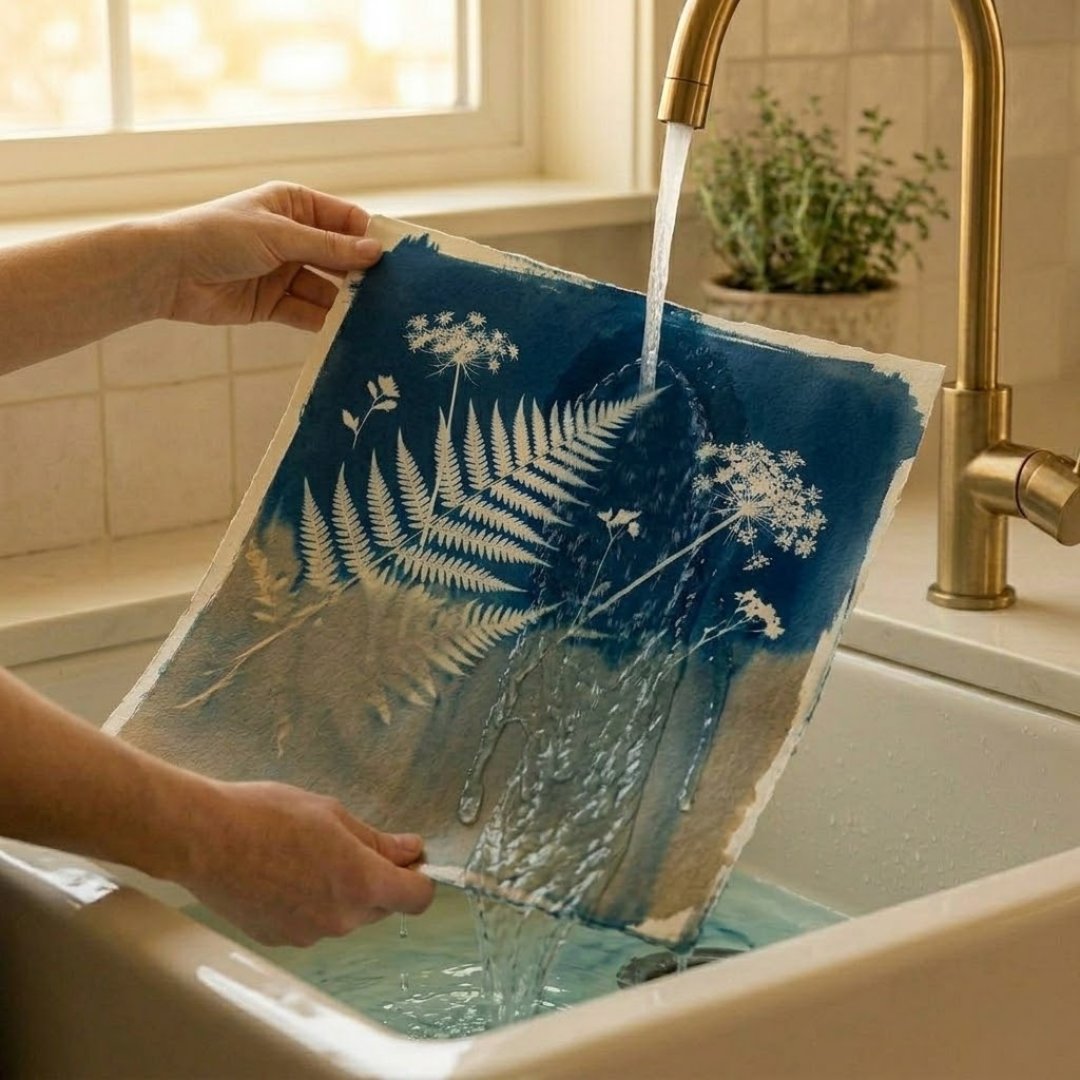Module 4: A cyanotype print being rinsed in a sink, deep Prussian blue color emerging around the white fern silhouette