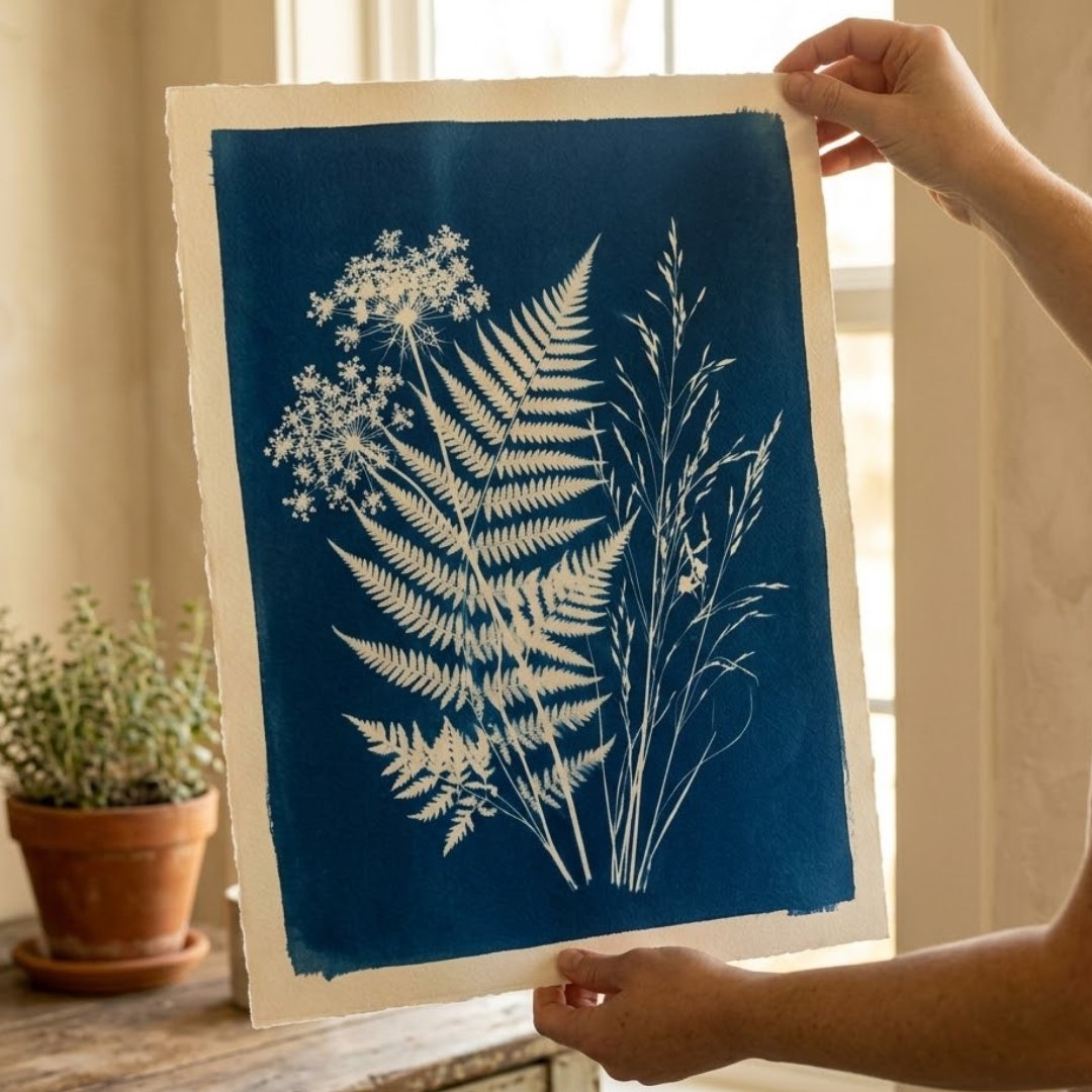 Module 5: Hands holding up a finished Prussian blue cyanotype print with multiple botanical silhouettes, ready to frame