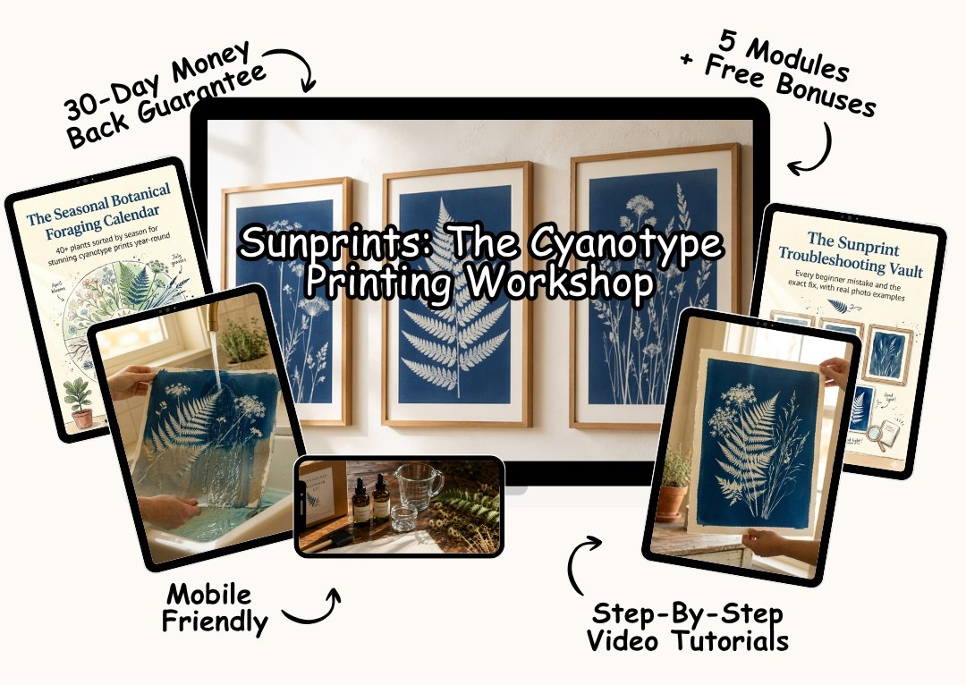 Sunprints: The Cyanotype Printing Workshop course bundle preview showing five video modules and three bonus guides
