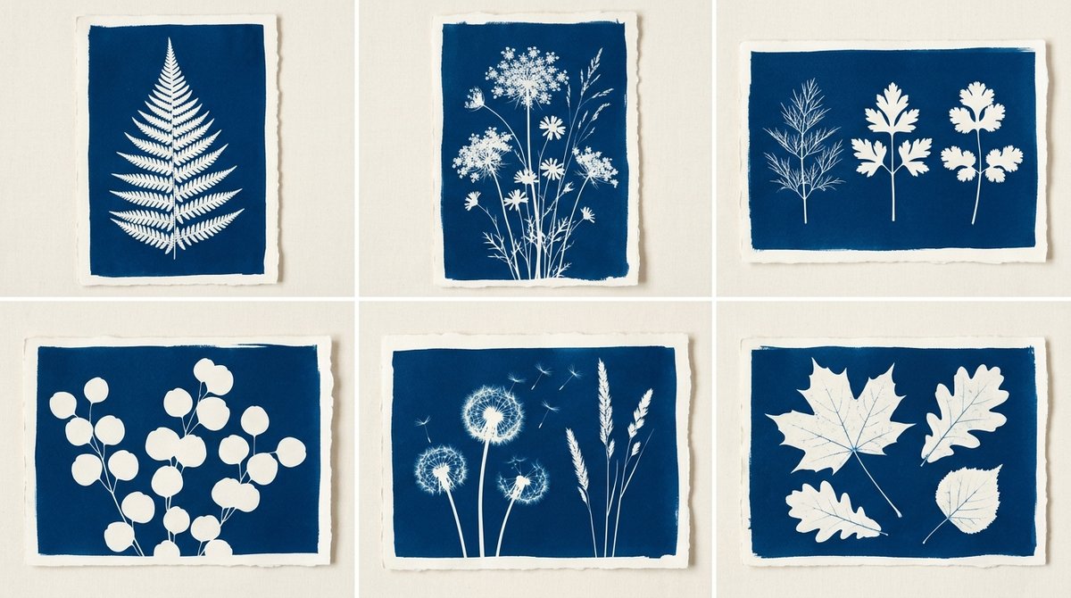 Six cyanotype prints shown in a 3-by-2 grid: fern frond, Queen Anne's lace wildflowers, kitchen herbs (dill, parsley, cilantro), lunaria (honesty) seed pods, dandelion seed heads with grass stems, and autumn maple and oak leaves. Every print is deep Prussian blue with crisp white botanical silhouettes.